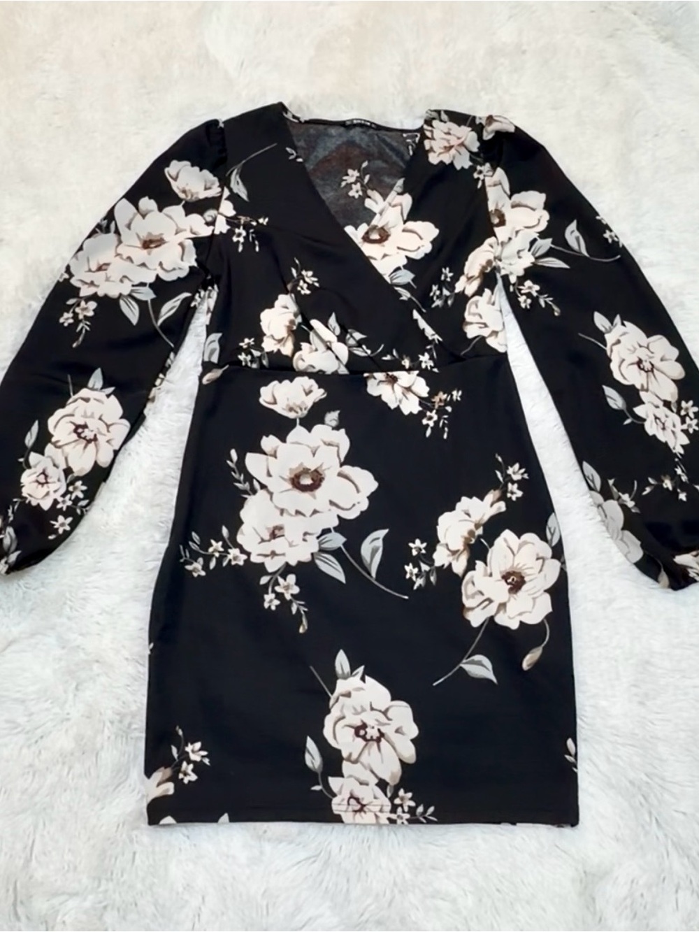 SHEIN Black Long-Sleeve Floral Wrap Dress with Cream Blooms